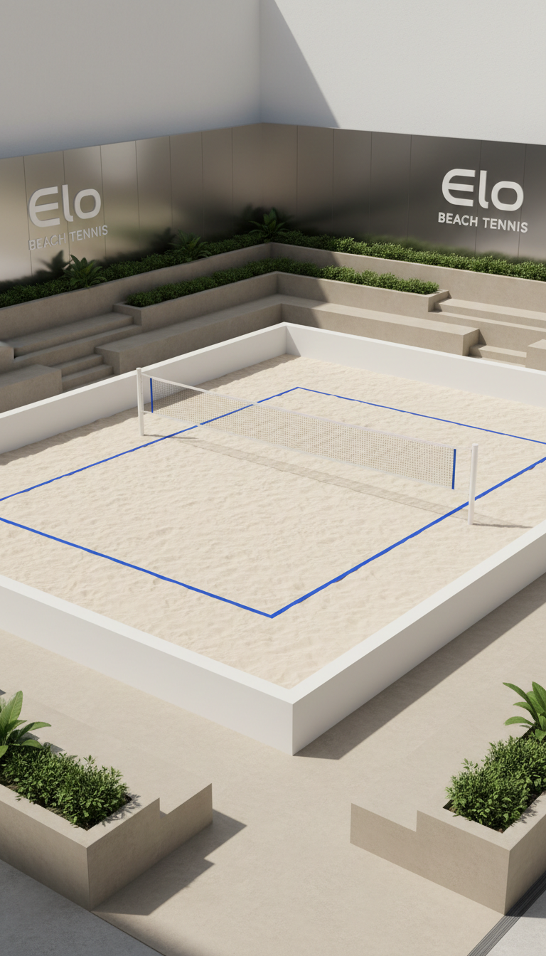A regulation-sized beach tennis court with pristine sand, surrounded by a low, clean white fence, occupies the center of a modern sports complex. The court lines are marked with crisp blue tape, contrasting against the soft, finely-raked sand. In the background, minimal signage displays the Elo Beach Tennis logo on sleek, metallic panels. Neutral-toned seating areas with polished concrete and structural planter boxes frame the scene. The image is bathed in soft, diffused daylight, creating gentle shadowing and even highlights across the space. Captured from a slightly elevated angle with sharp focus throughout, the composition balances the court’s rectangular geometry with the orderly surroundings. The mood exudes professionalism and calm, with a clean, photographic realism and a visually structured, corporate aesthetic.